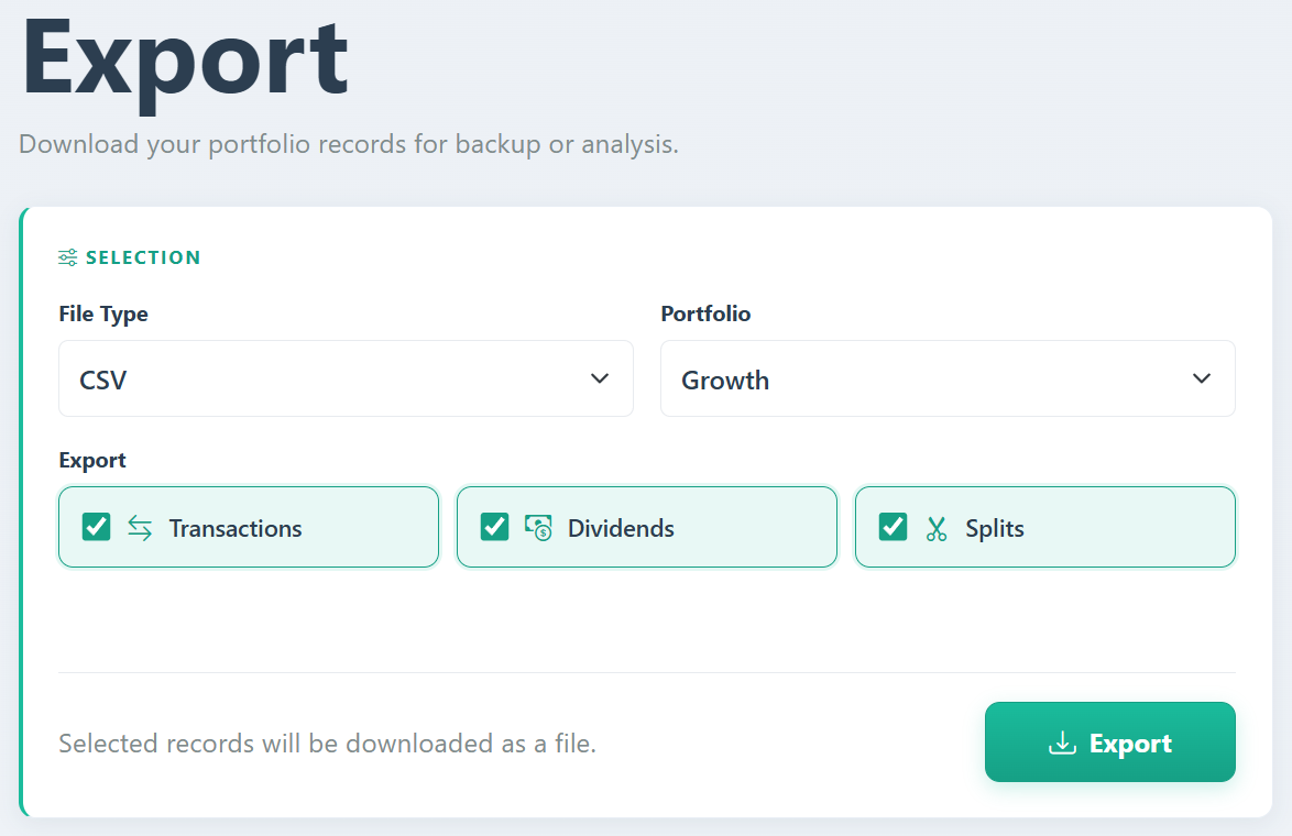 Export page showing CSV and XLSX options for transactions, dividends, and splits
