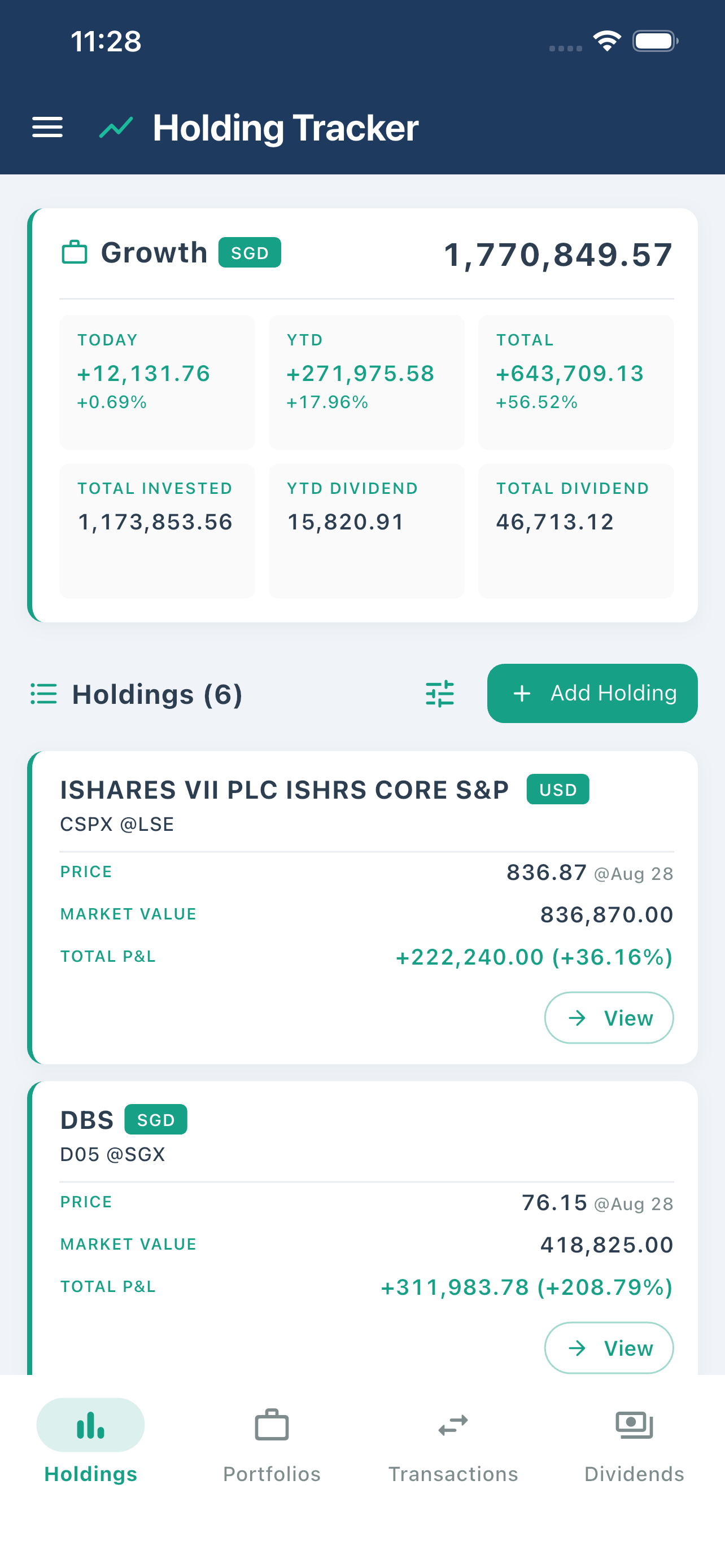 Holding Tracker mobile app showing a portfolio summary and holdings